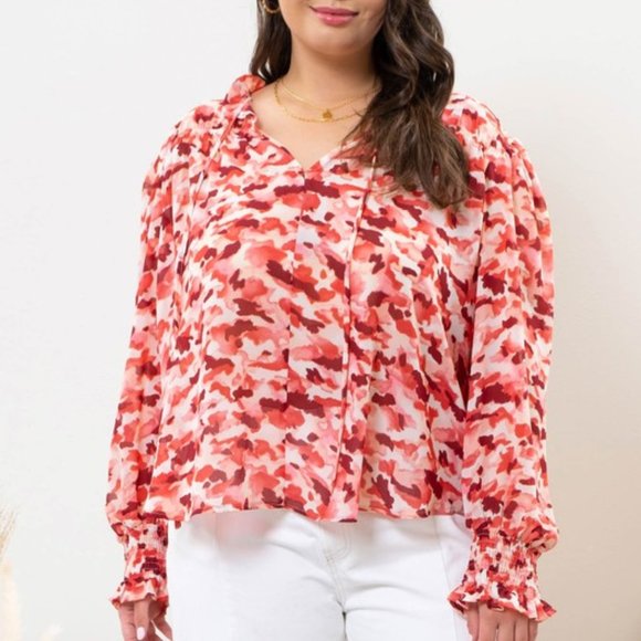 NWT Plus Size Rose & Pink Brushstroke Ruffle Collar Blouse Top - Picture 4 of 6